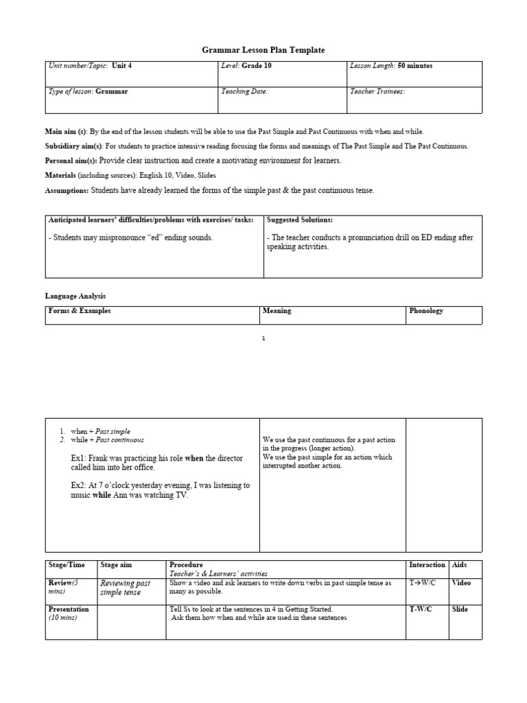 Grammar Lesson Plan Task 2 Pdf Lesson Plan Learning