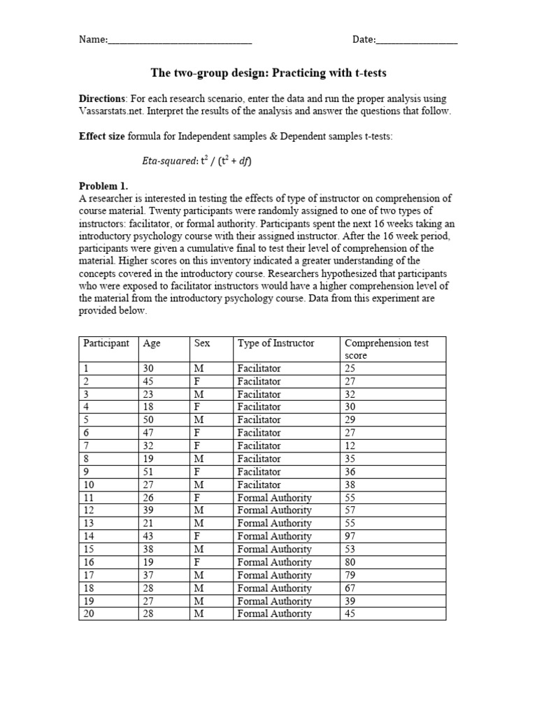 REV 10 T-Test Problems and Data Analysis Using Vassarstats-1 | PDF ...