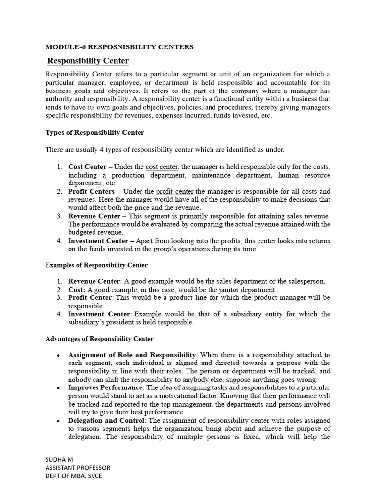 MODULE 6 Responsibility Center | PDF | Agriculture | Return On Investment