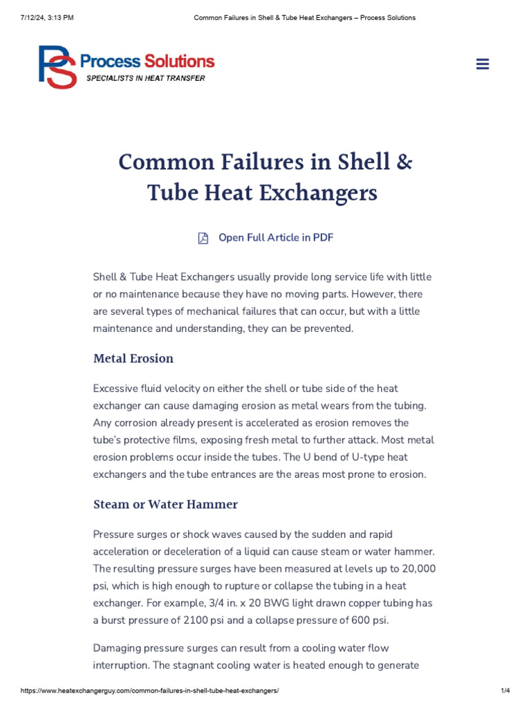Common Failures in Shell & Tube Heat Exchangers Process Solutions | PDF ...