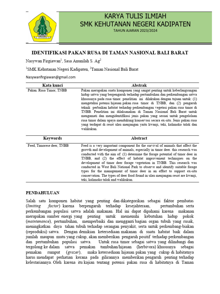 Identifikasi Pakan Rusa Timor di TNBB | PDF
