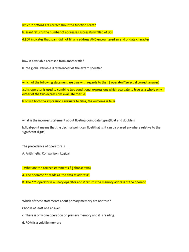 C Programming Concepts Quiz | PDF | C (Programming Language) | Programming