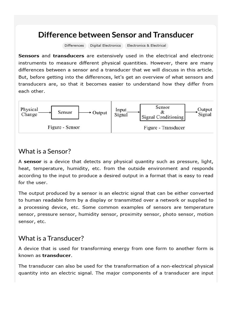 Sensor vs Transducer Explained | PDF | Sensor | Instrumentation