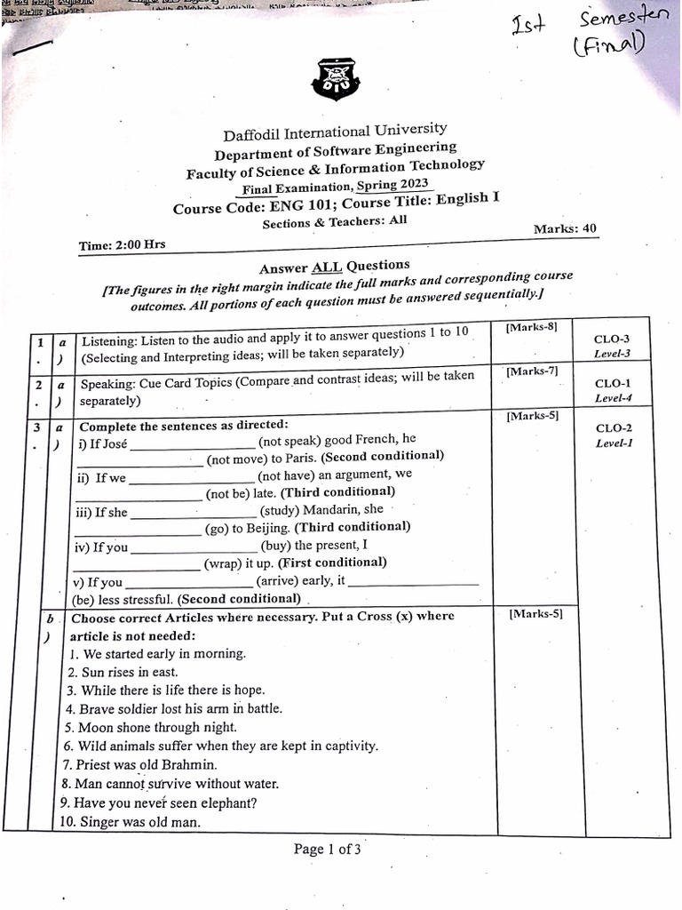 Spring 2023 (SWE-40) 1st Semester Final Questions | PDF