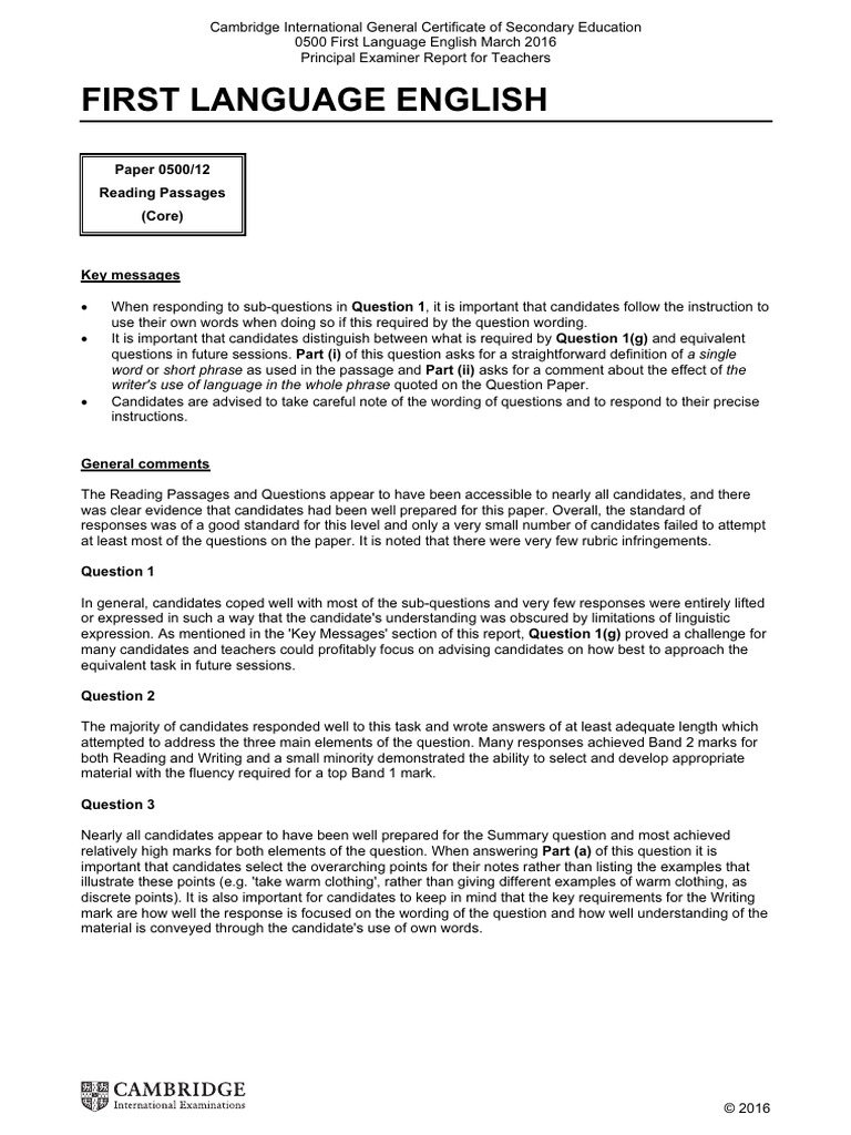 Cambridge IGCSE English Exam Report 2016 | PDF | Question | English ...