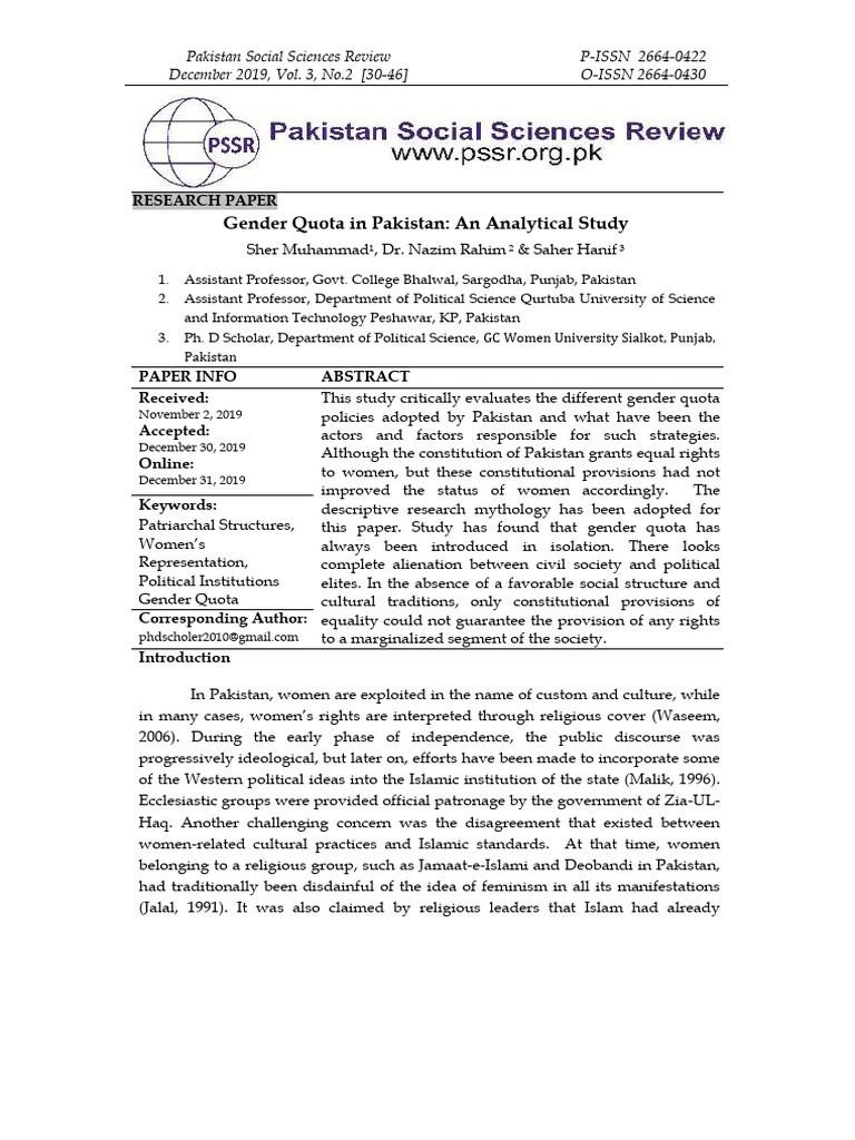 Gender Quota Policies in Pakistan Analysis | PDF | Parliament Of ...