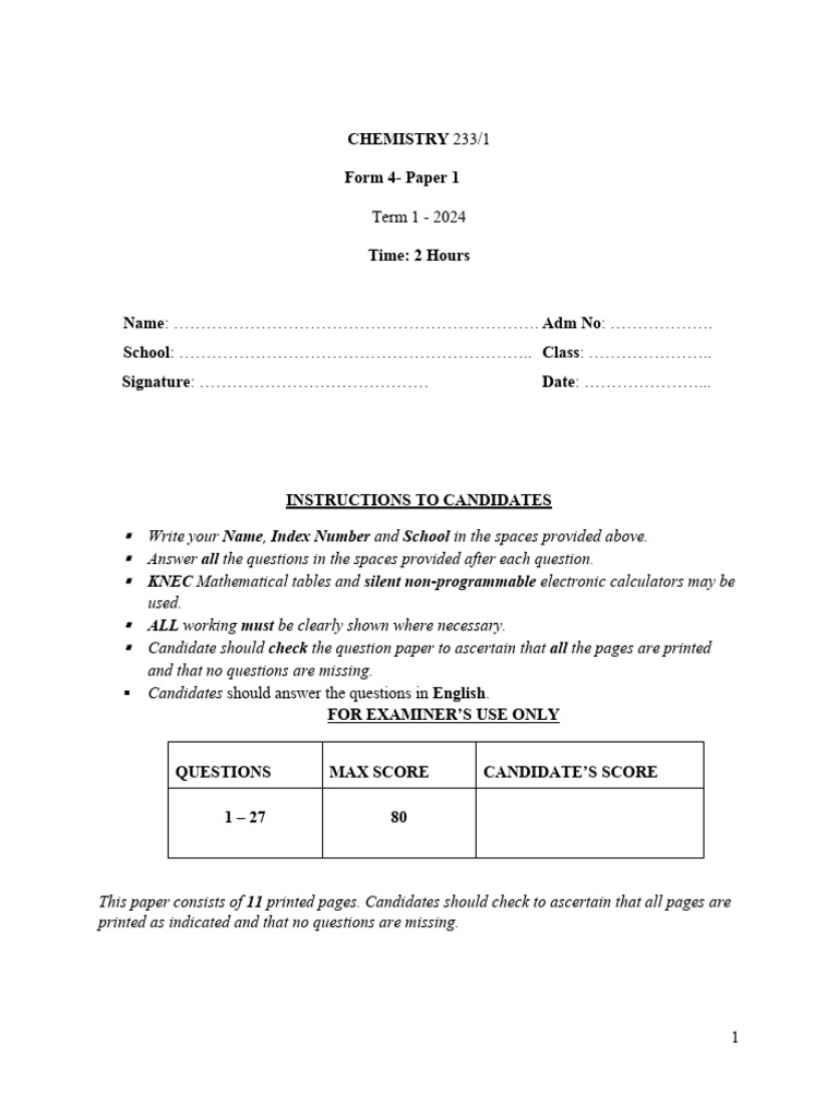 Form 4 Chemistry Paper 1 Exam 2024 | PDF | Chemistry | Chemical Substances