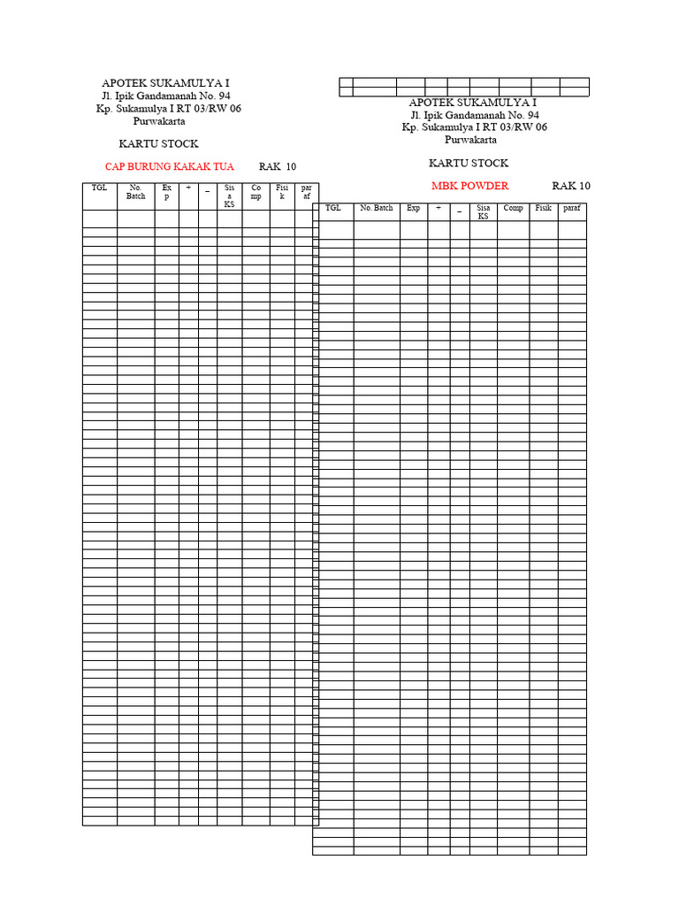 Kartu Stock Rak 10 | PDF