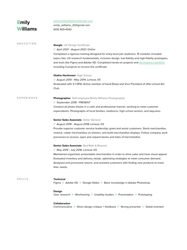 Google UX Design Certificate - Emily Williams Resume Example | PDF