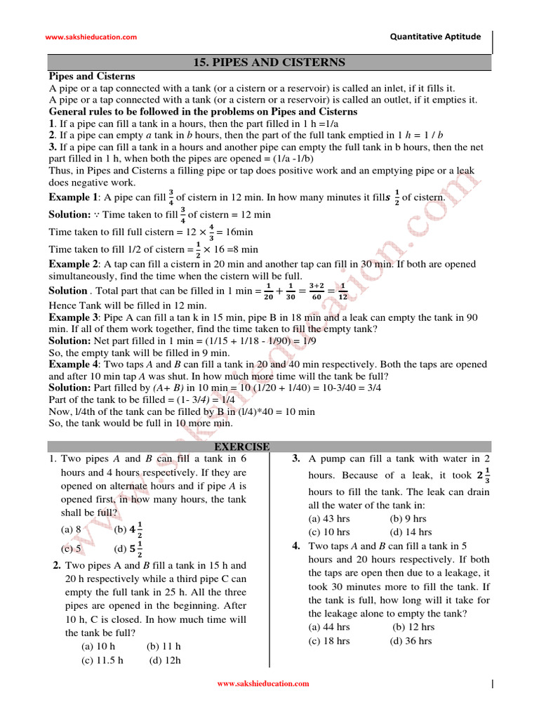 Ssc Ssc Cgl Maths 15 Pipes Cisterns Pdf Mechanical Engineering