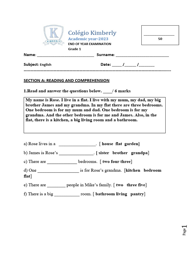 Grade 1 English Exam Paper 2023 Pdf Language Mechanics Syntax