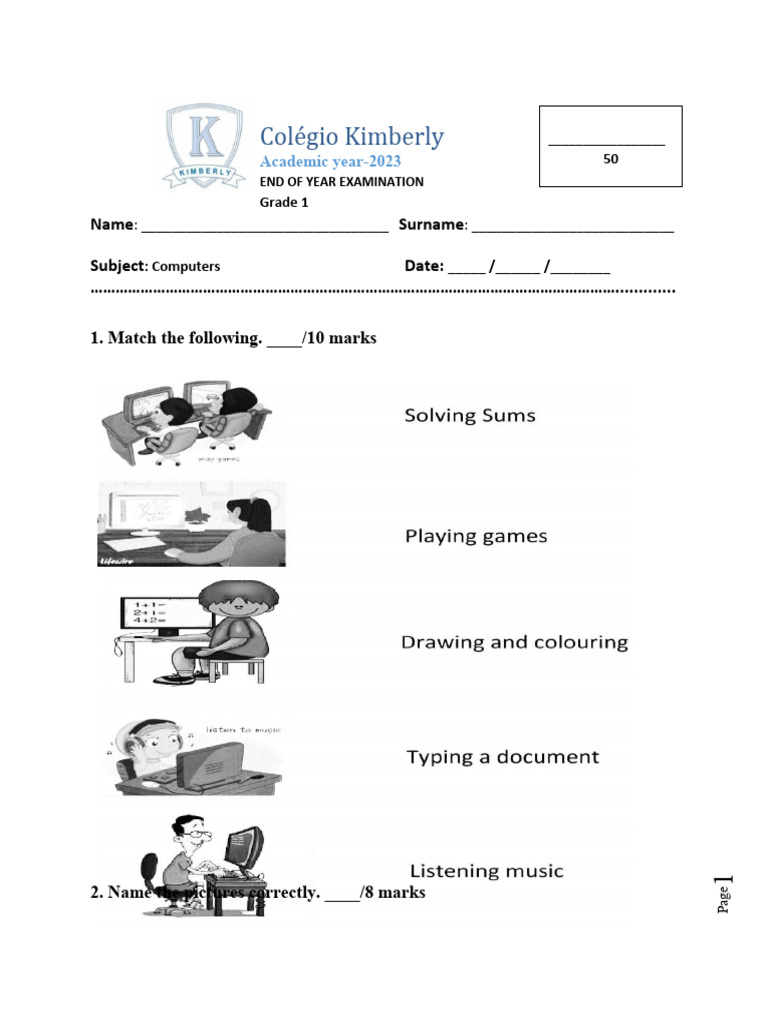 Grade 1 Computer Final Exam 2023 | PDF | Computer Architecture ...