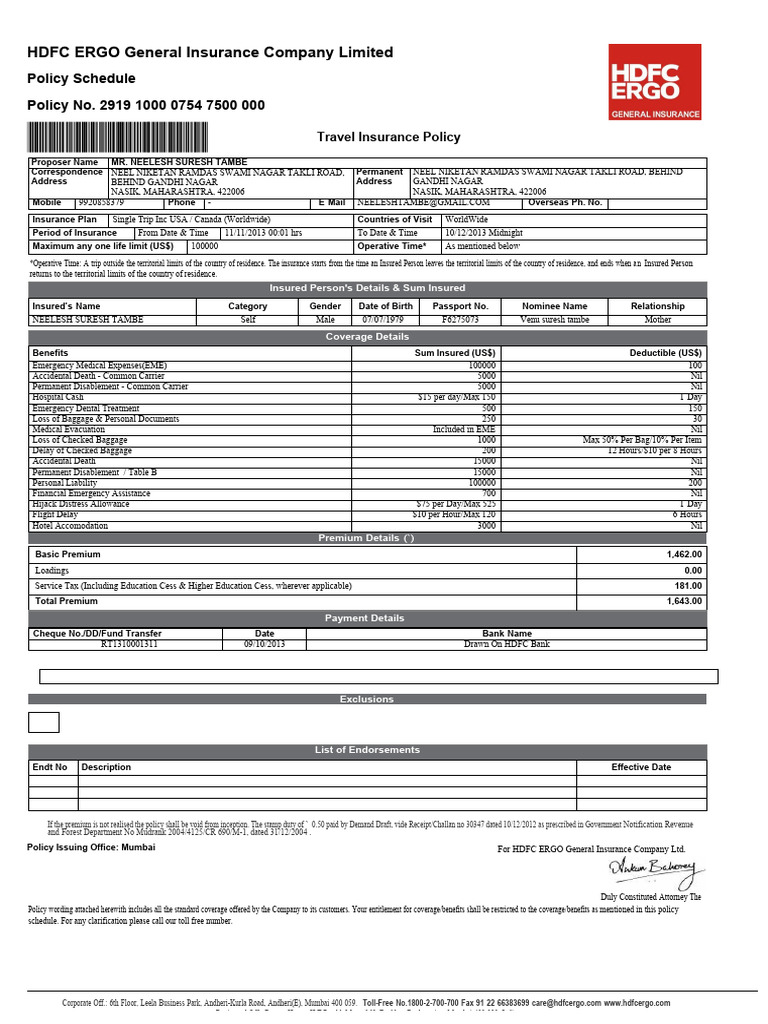 HDFC ERGO Travel Insurance Policy Details | PDF | Insurance | Smartphone