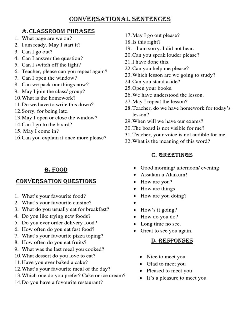 Classroom Conversational Sentences | PDF | Foods | Cuisine