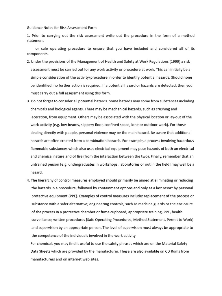 Risk Assessment Guidance Notes | PDF | Hazards | Personal Protective ...
