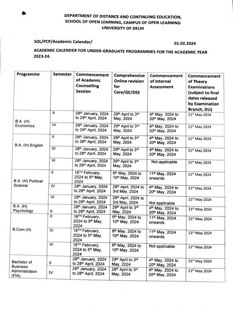 DU Academic Calendar 2023-24 | PDF