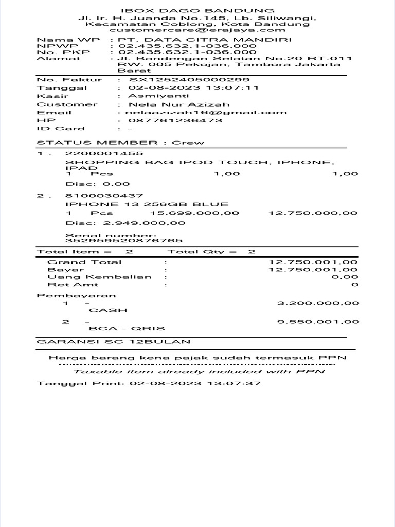 iPhone 13 Purchase Receipt Bandung | PDF