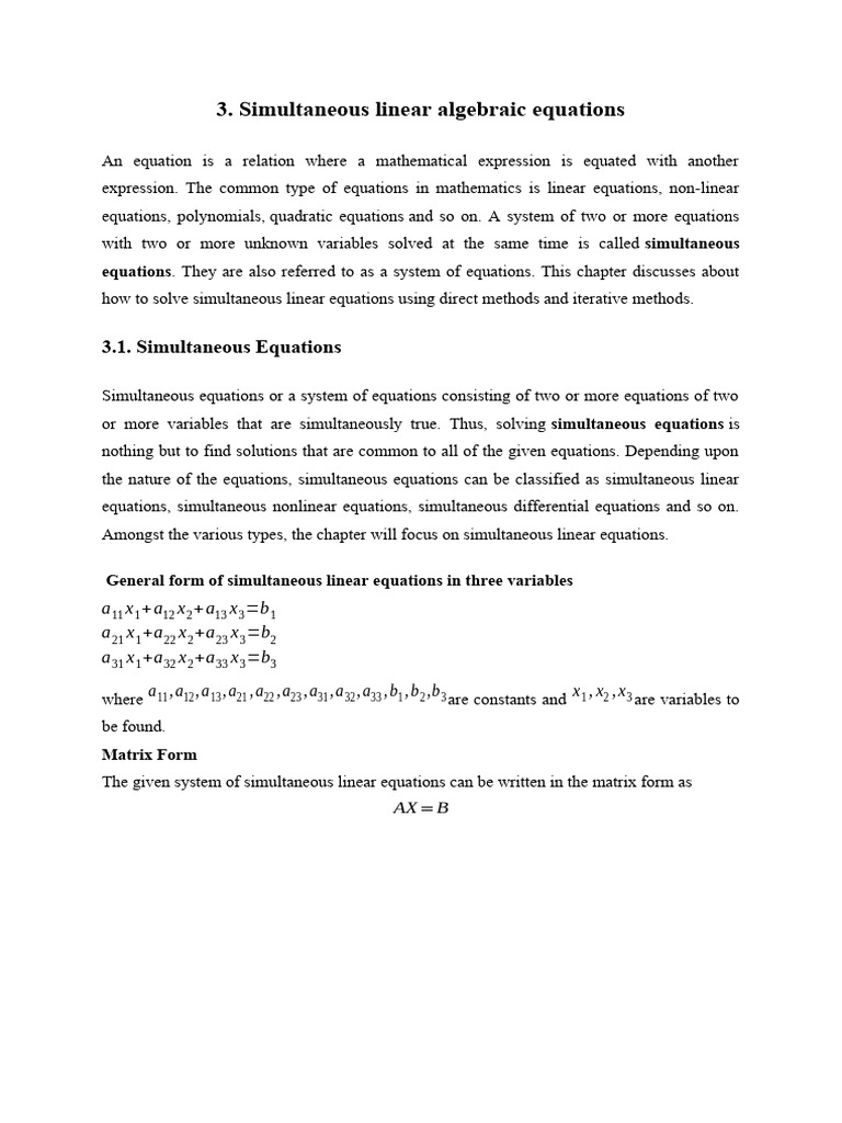 Simultaneous Linear Equations | PDF | Equations | System Of Linear ...