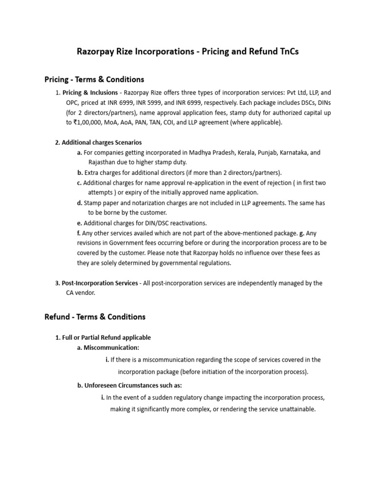 Razorpay Rize Incorporation Pricing & Refunds | PDF | Business ...