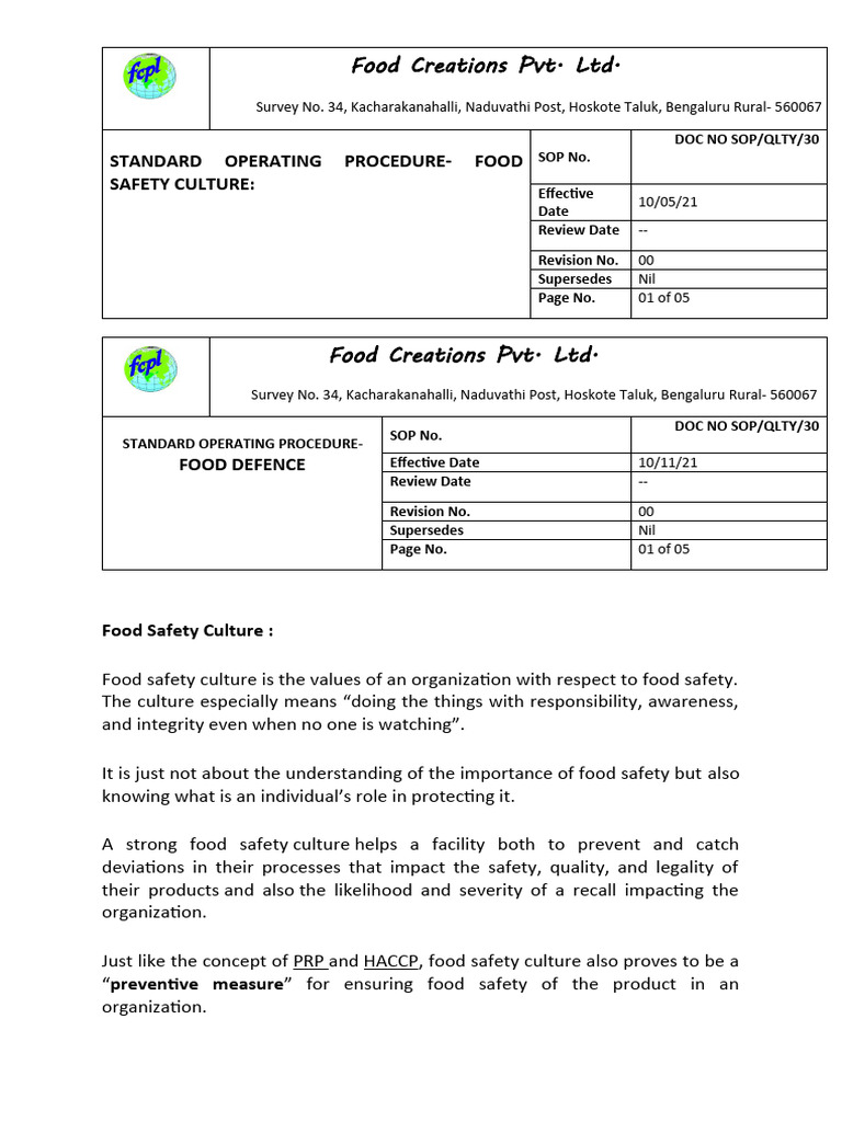 Food Safety Culture SOP Overview | PDF | Empowerment | Food Safety