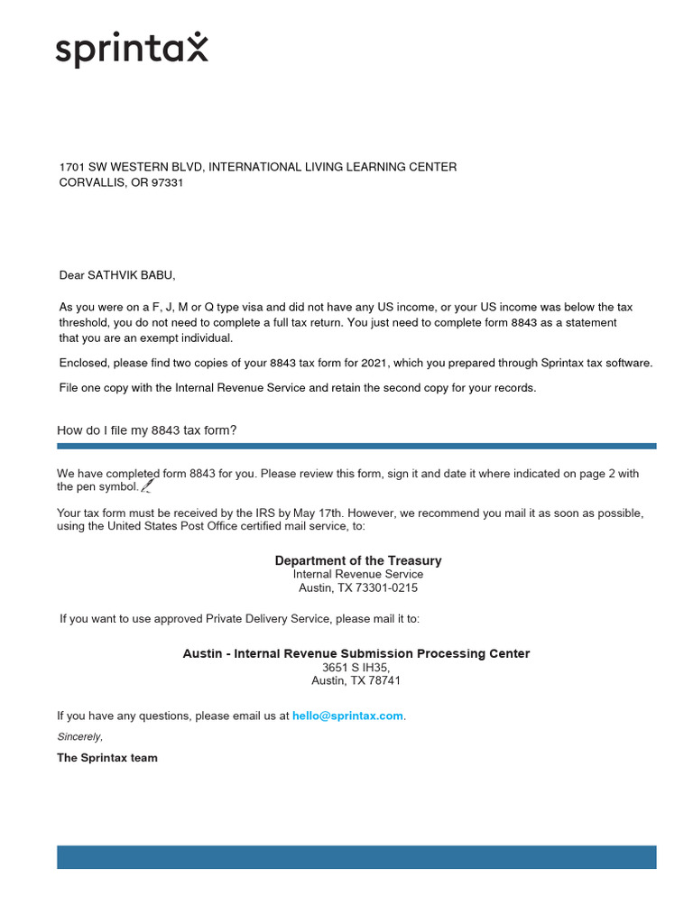 Filing Instructions for Form 8843 | PDF | Internal Revenue Service