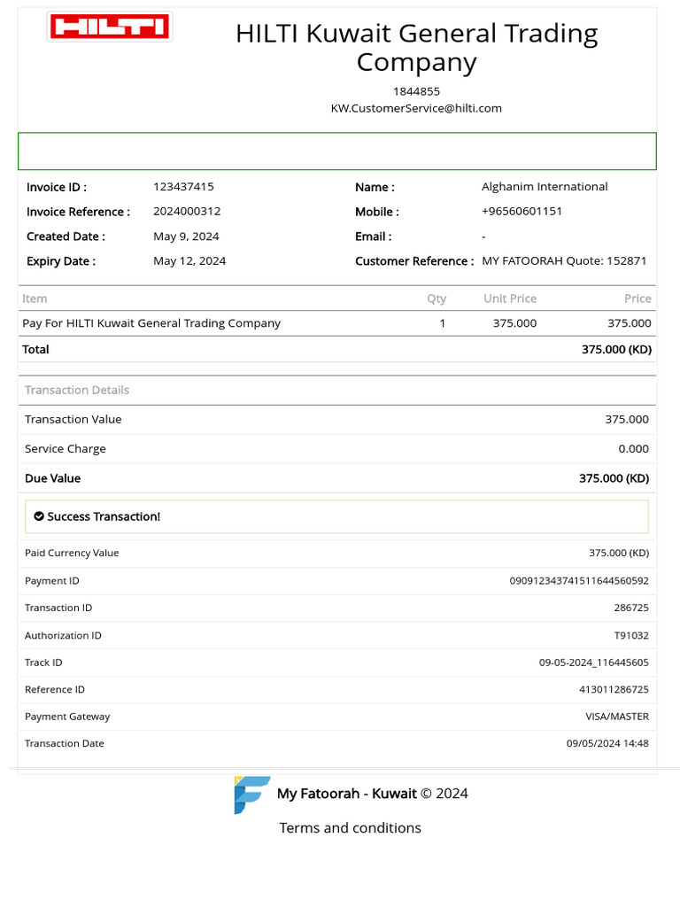 Hiliti-My Fatoorah - Kuwait - Transaction Result | PDF