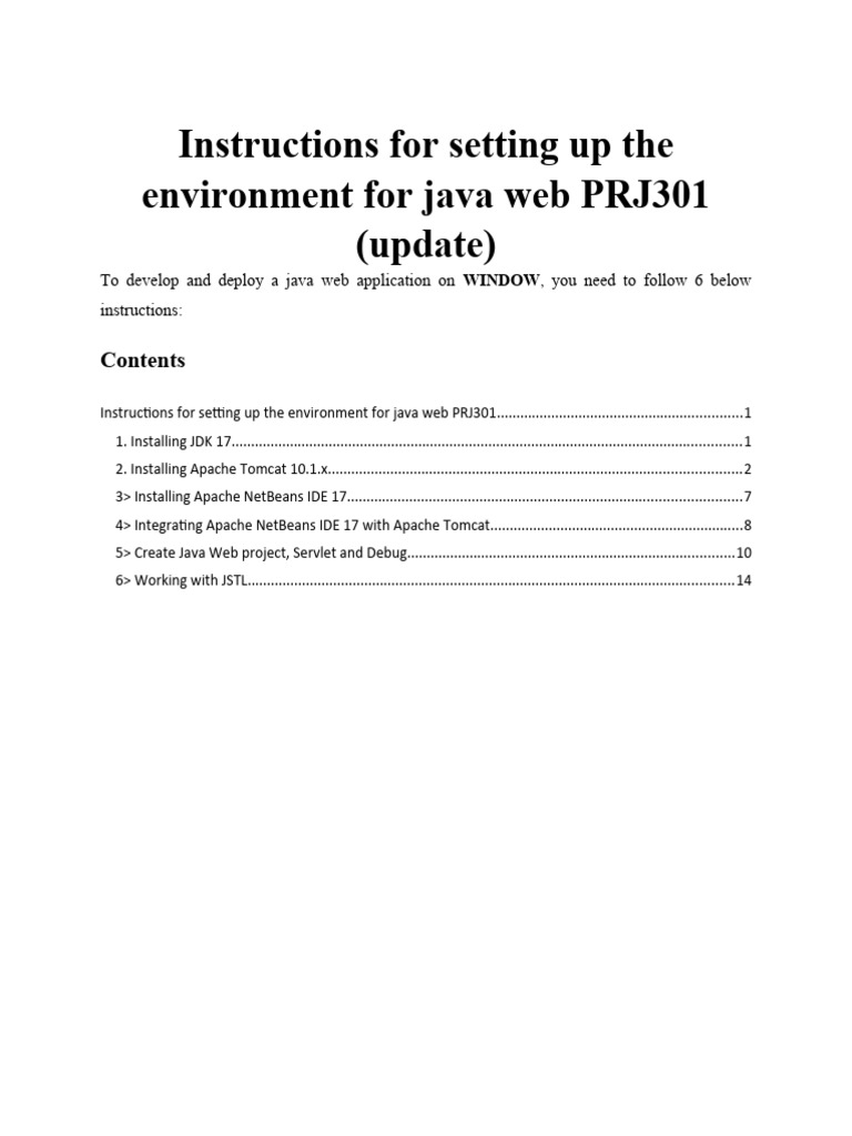 Instructions for setting up the environment for java web prj301