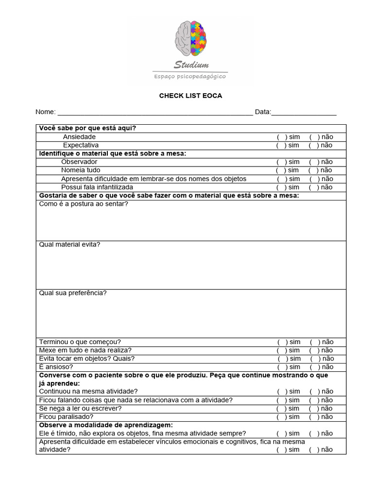 Check List de Avaliação EOCA | PDF | Artes Linguísticas e Disciplina ...