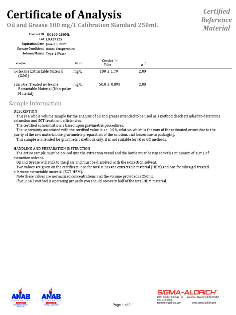 Certified Oil and Grease Standard | PDF | Chemistry | Analytical Chemistry