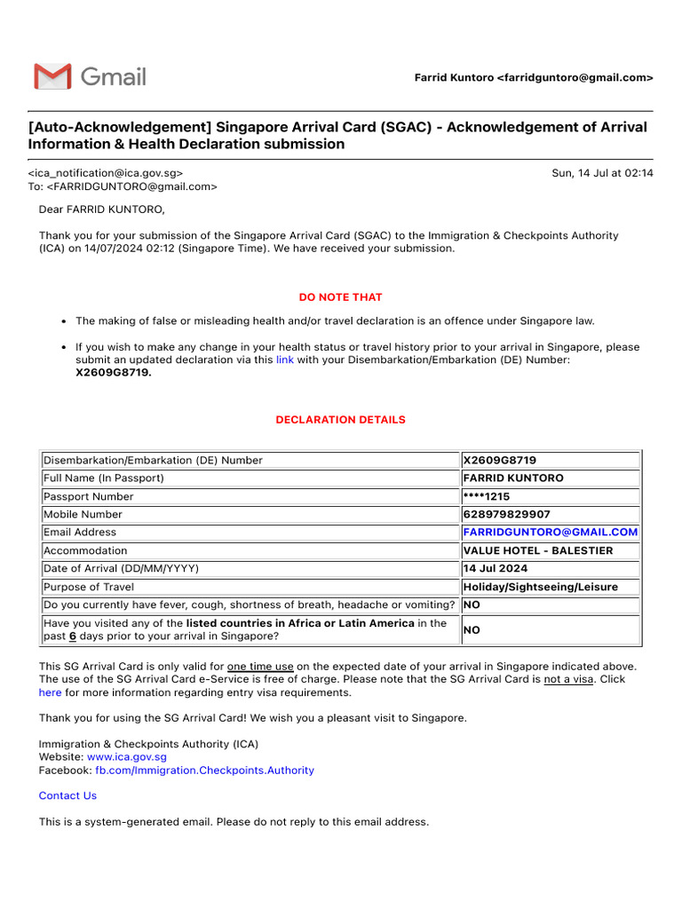 SG Arrival Card Submission Acknowledgement | PDF | Finance & Money ...