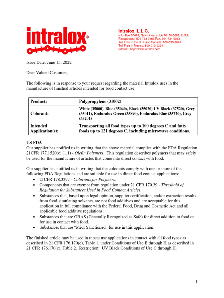 Intralox Compliance Letter | PDF