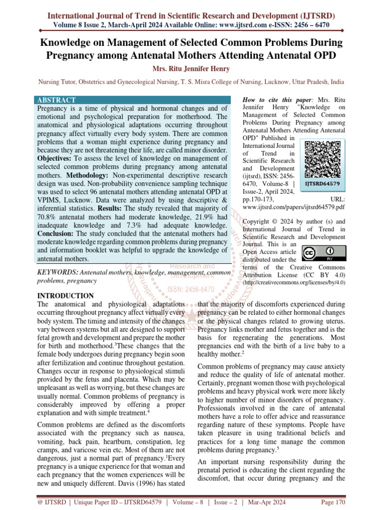 Knowledge On Management of Selected Common Problems During Pregnancy ...