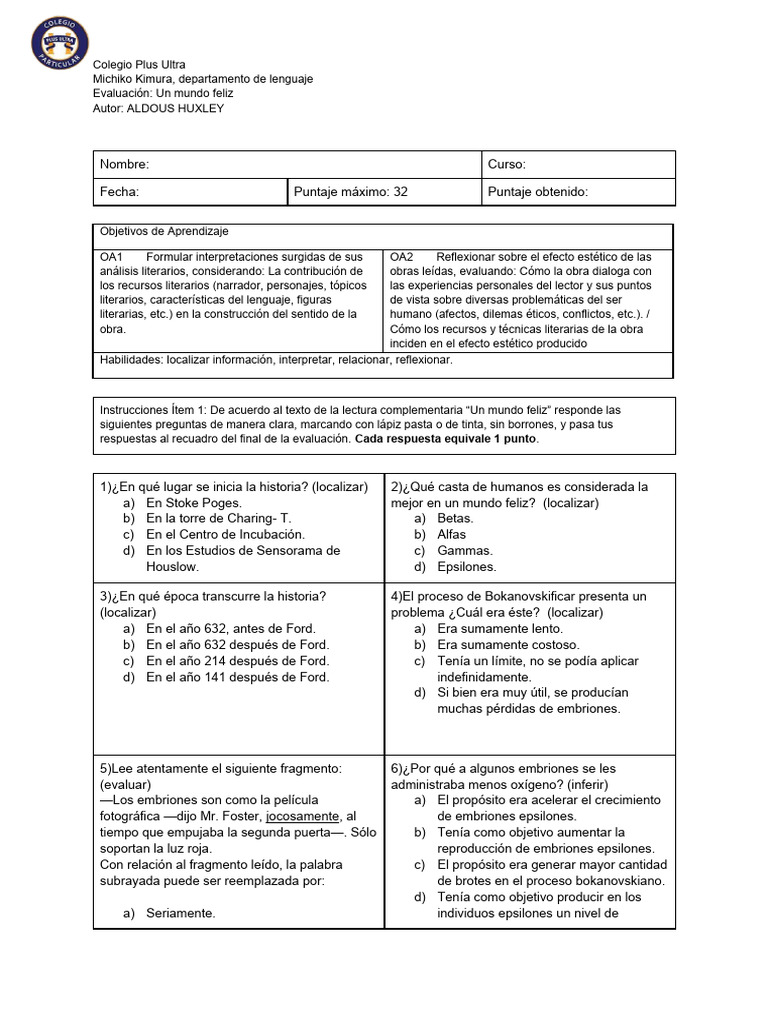 Prueba Un Mundo Feliz | PDF | Cremación