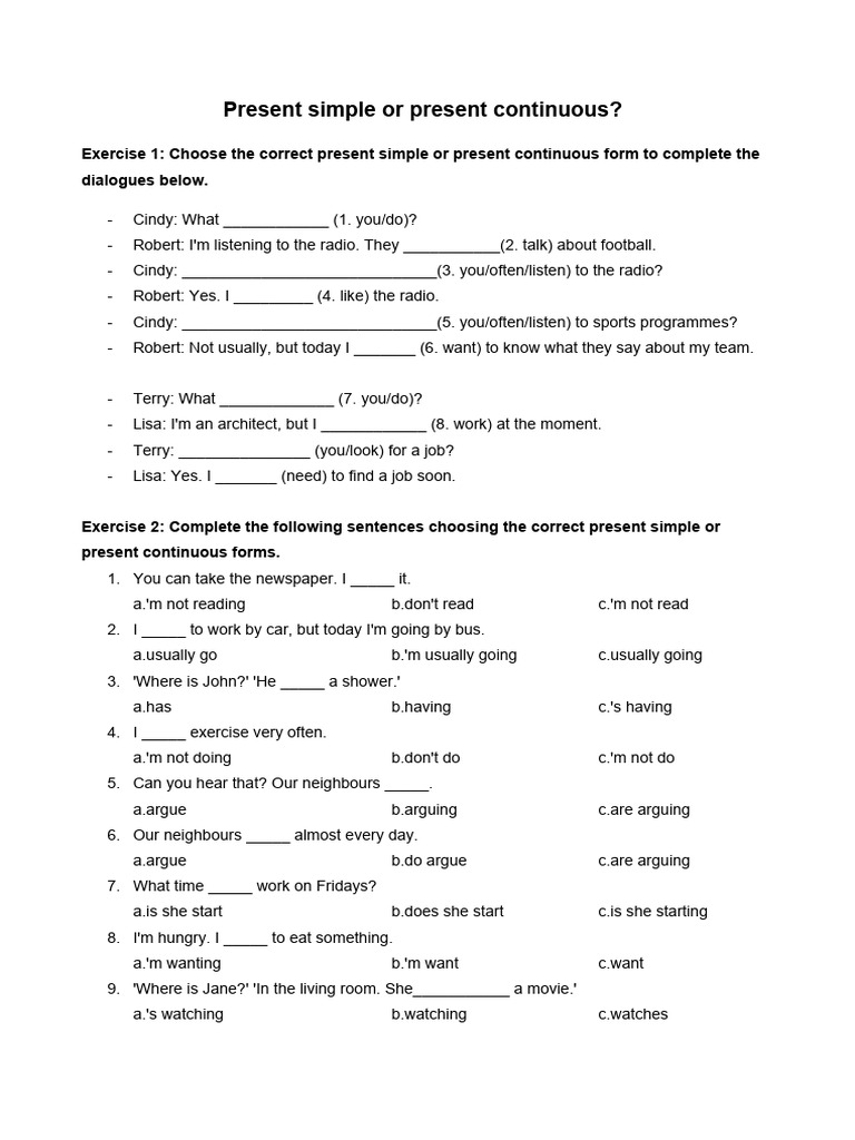 Present Simple vs Continuous Exercises A1 | PDF | Linguistics