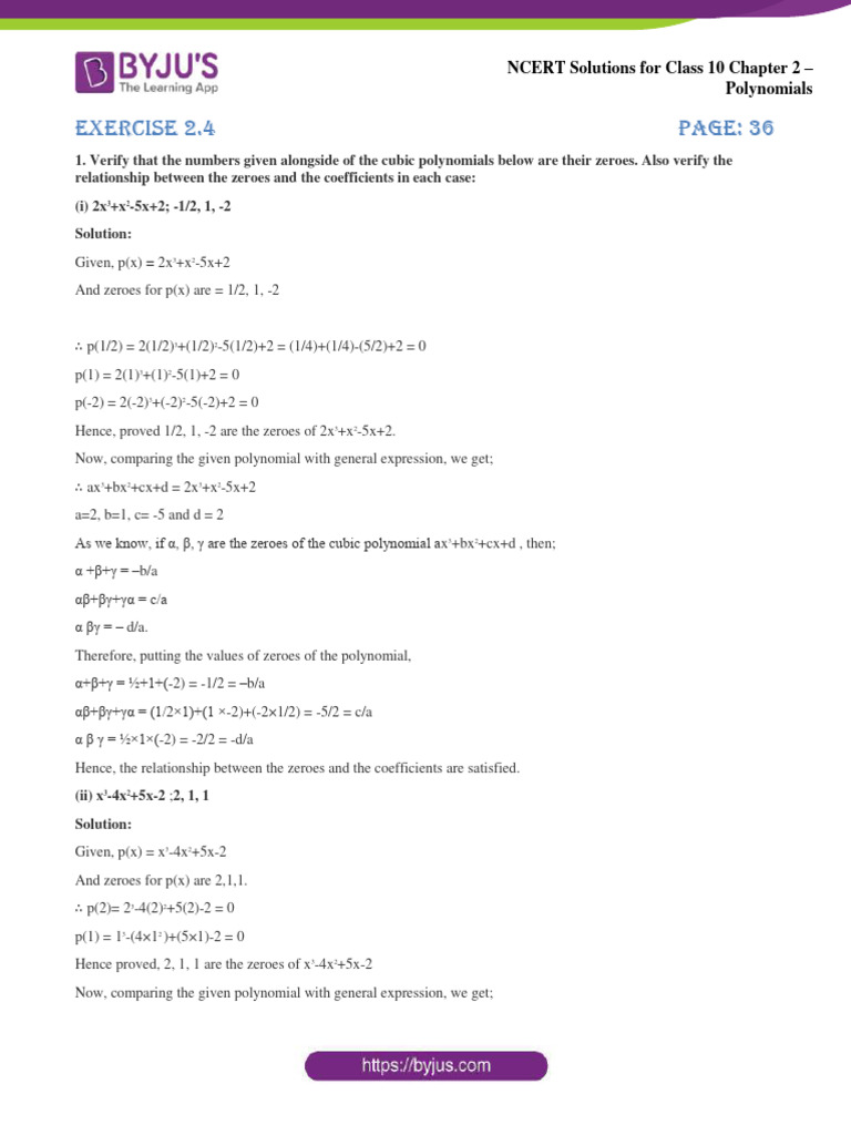 Ncert solutions for class 10 chapter 2 polynomials exercise 2 4 pdf