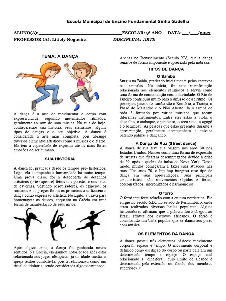 Atividade De Arte Dança Avaliação 9ºano Pdf Danças Tempo