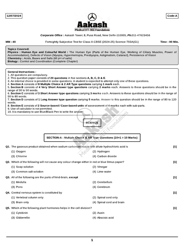 FST-3A (CBSE - G-1) Science (C-10) (12-07-2024) | PDF