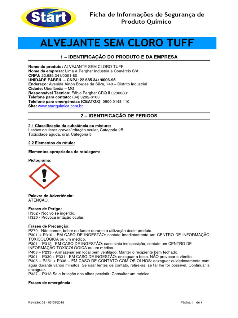 Ficha de Segurança do Alvejante Tuff | PDF | Ambiente natural | Química