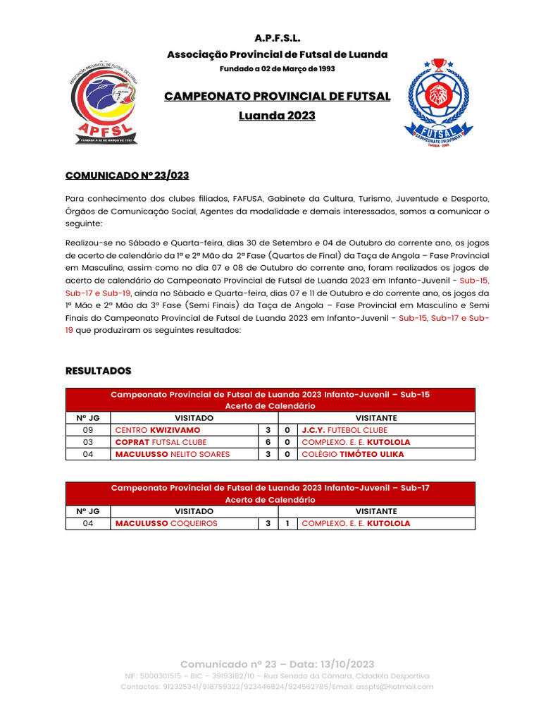 Resultados Finais Futsal Luanda 2023 | PDF | Jogos com bola | Esportes ...
