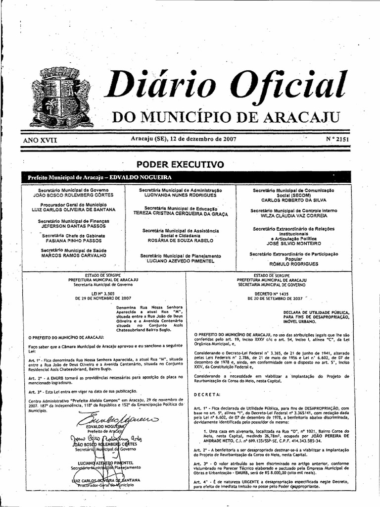 Diário Oficial: Do Município de Aracaju | PDF | Prefeito | Servidão ...
