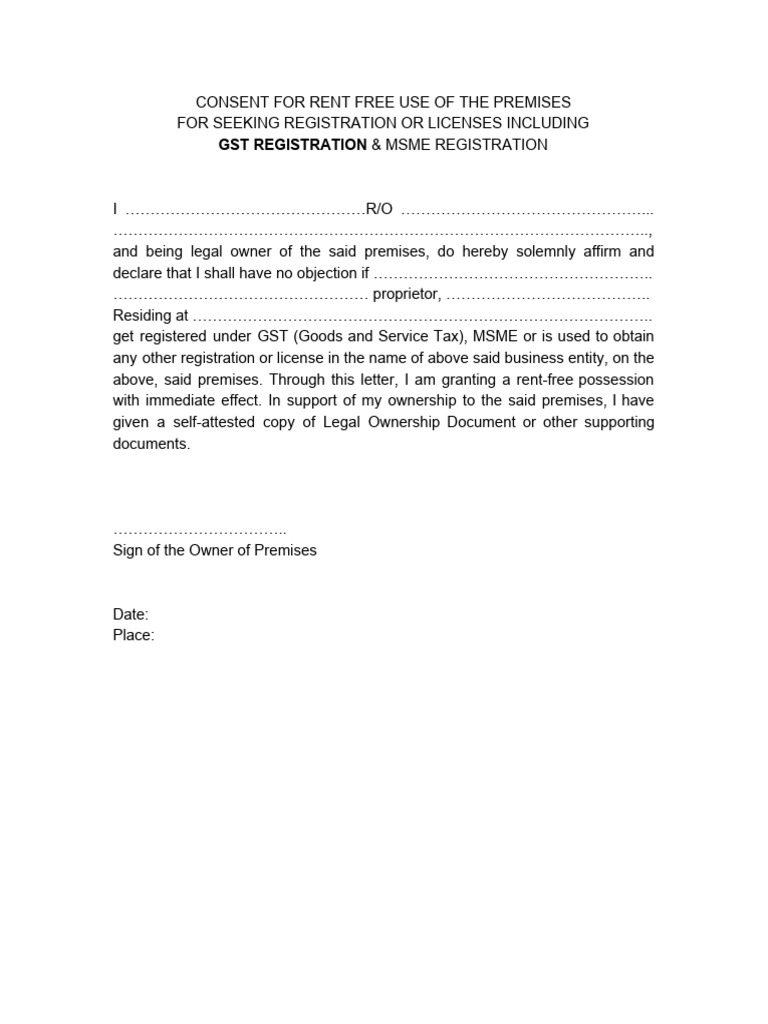 Consent For Rent Free Use of Premises Proprietorship | PDF
