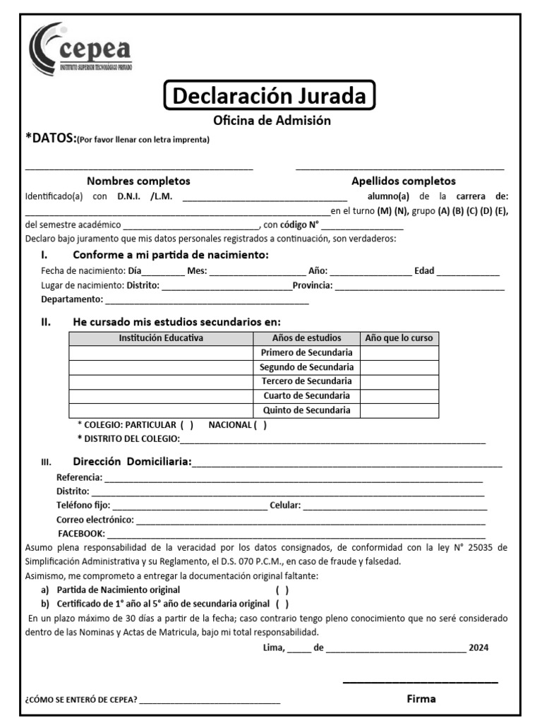 DECLARACIÓN JURADA 2024 | Descargar gratis PDF | Certificado de nacimiento
