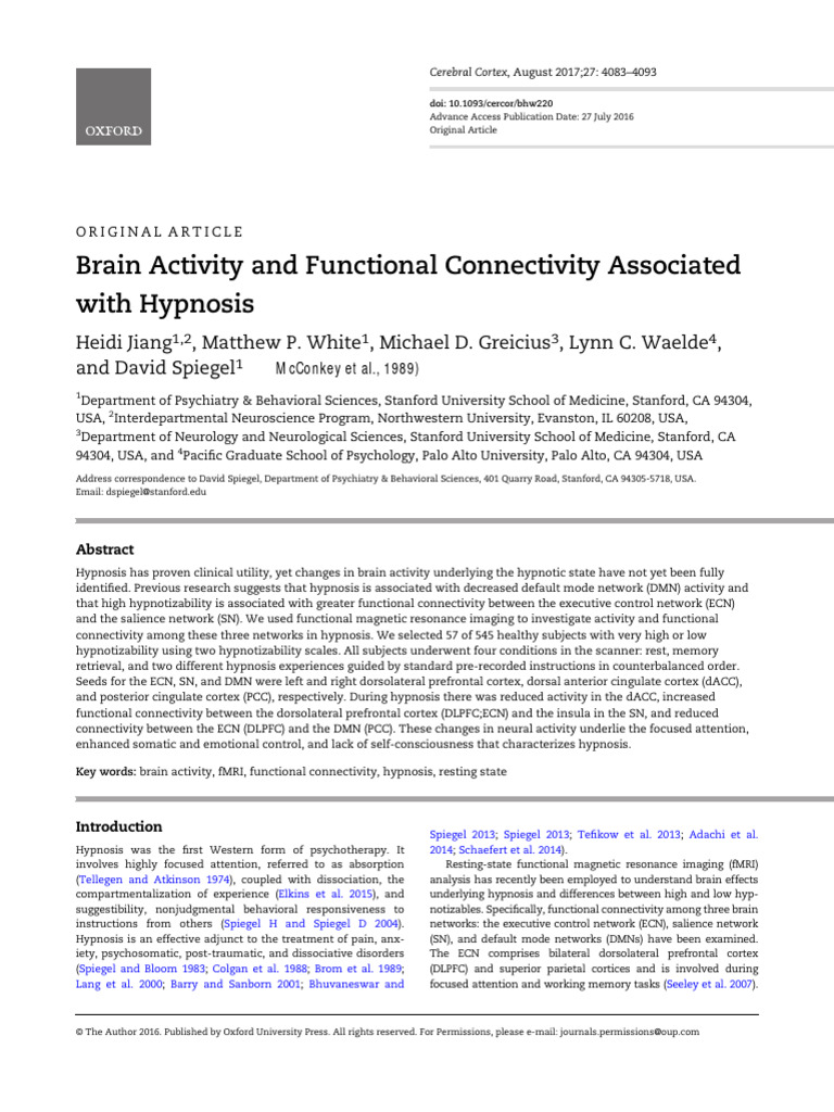 Brain Connectivity Changes in Hypnosis | PDF | Dorsolateral Prefrontal ...