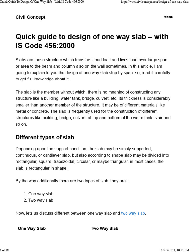 One Way Slab Design Guide IS 456:2000 | PDF | Bending | Mechanical ...