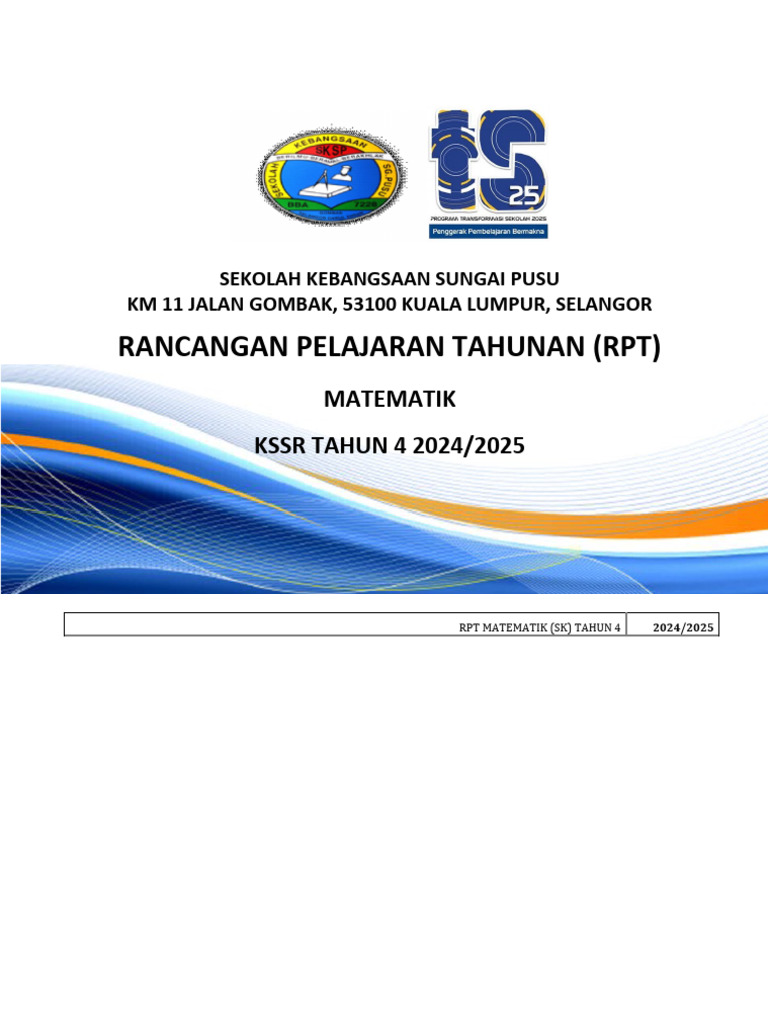 RPT Matematik KSSR Tahun 4 2024/2025 | PDF