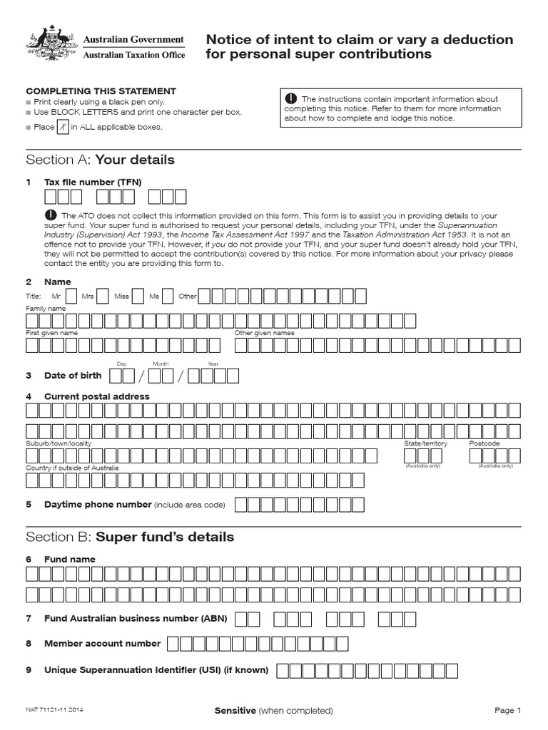 Notice of Intent To Claim Deduction For Personal Super Contributions PDF Taxes Payments