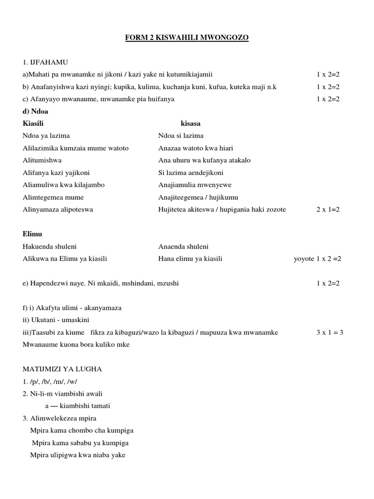F 2 Kiswahili Paper Form 2 Marking Scheme Mid Term 2 Exam 2017 | PDF