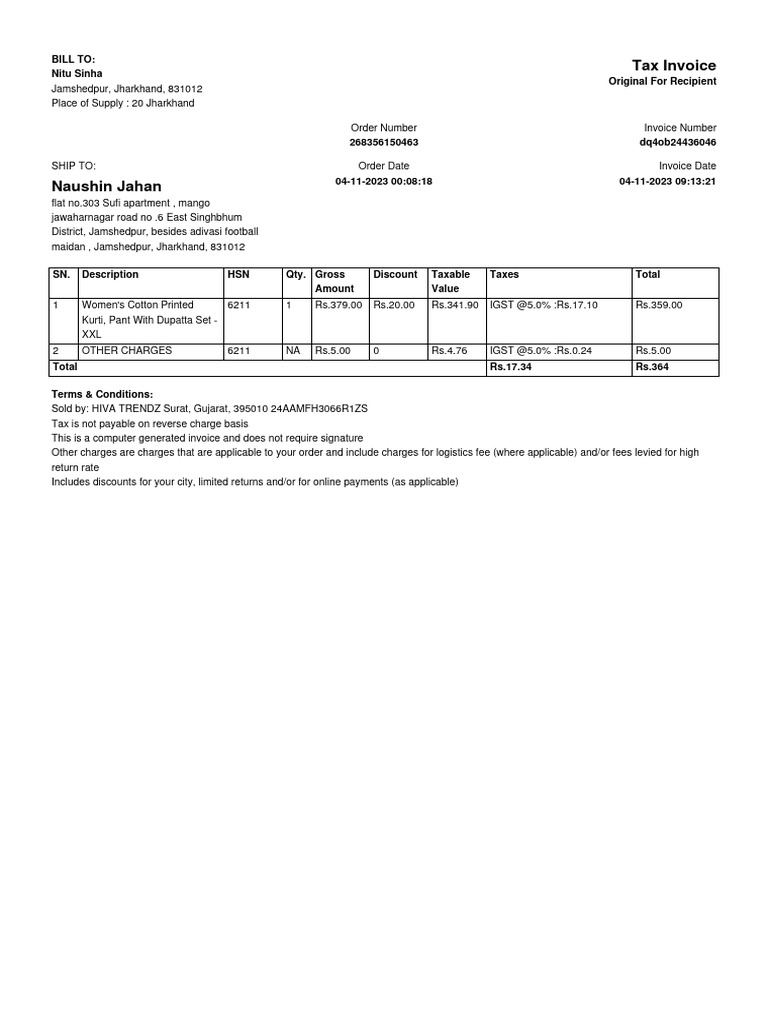 Women's Kurti Invoice - Jamshedpur | PDF