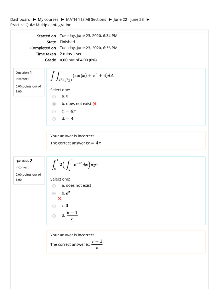 Practice Quiz - Multiple Integration - Attempt Review | PDF