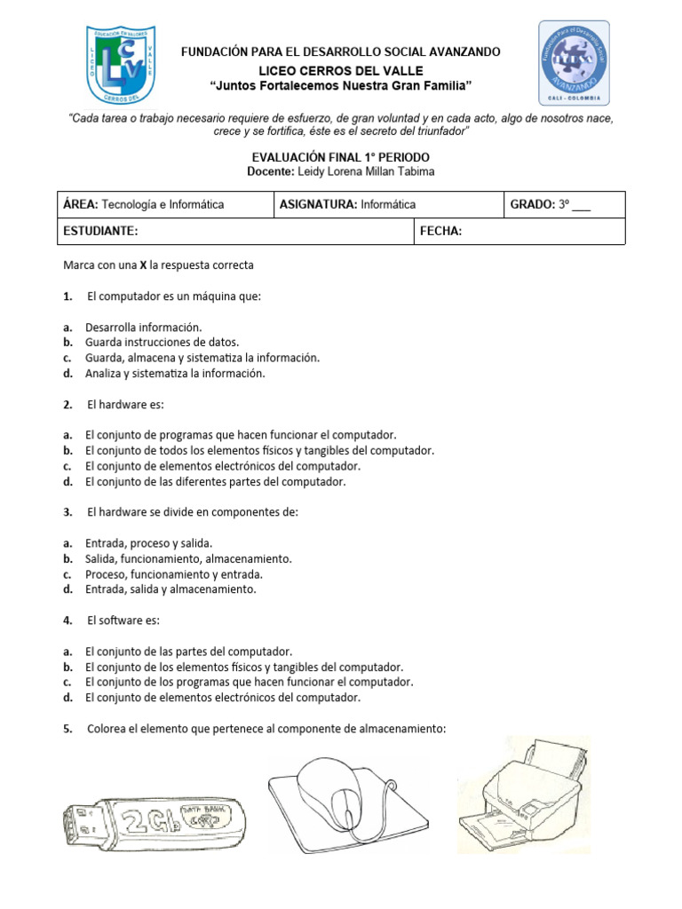 Evaluación de Informática 3º Grado | PDF | Hardware de la computadora ...